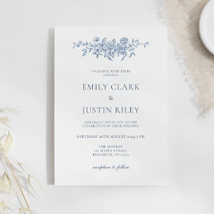 Invitation Élégant Vintage Floral Blue Mariage