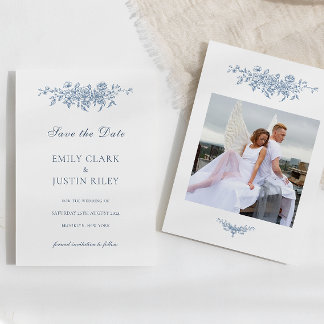 Invitation Elégant Vintage Floral Blue Photo Enregistrer la d