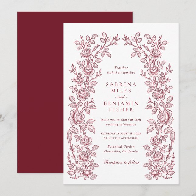 Invitation Elegant Vintage Floral Frame Burgundy Wedding (Devant / Derrière)