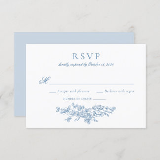 Invitation Elégant Vintage Floral Français Bleu Mariage RSVP