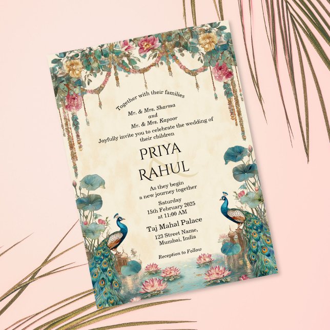 Invitation Elegant Vintage Floral Peacock Indian Wedding (indian wedding invitation with peacocks and lotus flowers)