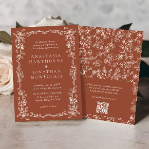 Invitation Élégant Vintage Floral Terracotta QR Code Mariage