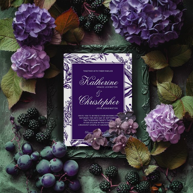 Invitation Élégant Vintage foncé violet Mariage botanique (Elegant Vintage Dark Purple Botanical Wedding Invitation)