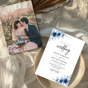 Invitation Élégant Vintage Français Fleurs Bleues Photo Maria