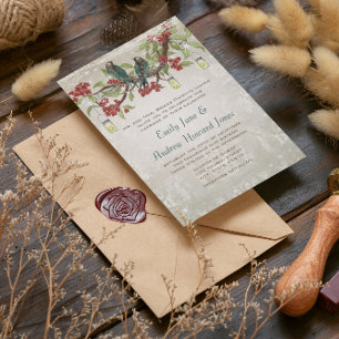 Invitation Élégant Vintage Lovebird Red Silver Mariage