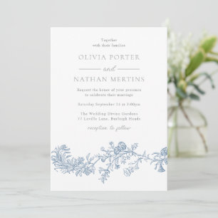 Invitation Élégant Vintage moderne bleu Mariage Floral