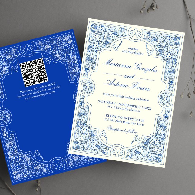 Invitation Élégant vintage orné cadre mariage modèle (Elegant vintage antique ornate royal blue ivory frame wedding invitation template digital download)