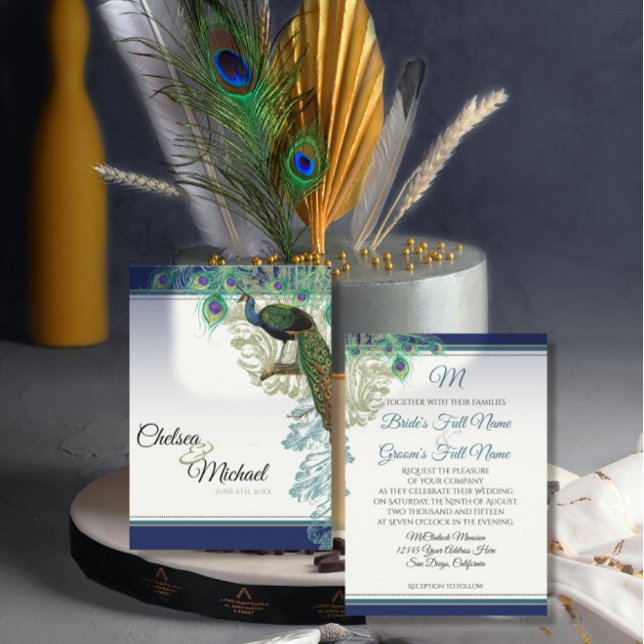 Invitation Elégant Vintage Peacock Feathers Marine Blue Maria (Créateur téléchargé)