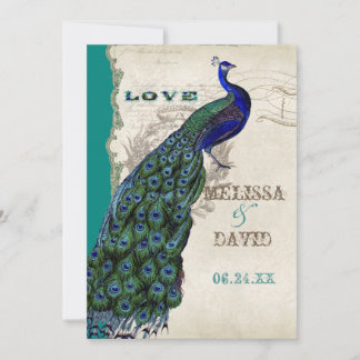 Invitation Élégant Vintage Peacock Feathers Script