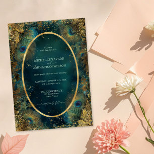 Invitation Élégant Vintage Plume de Paon Forêt Enchantée