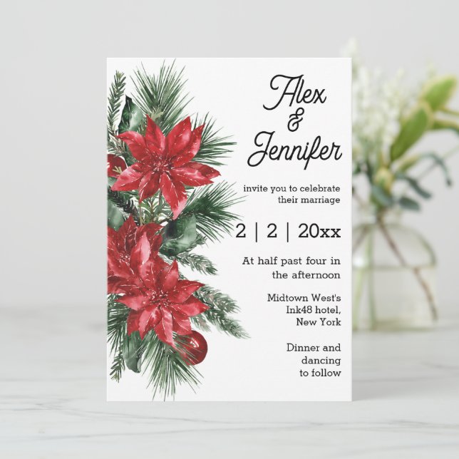 Invitation élégant vintage poinsettia et mariage de pin (Debout devant)