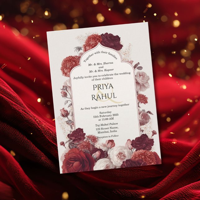 Invitation Elegant Vintage Red Floral Indian Wedding (Indian wedding invitation with the indian arch and red flowers)