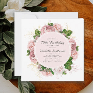 Invitation Elégant Vintage Rose Pâle Floral 70e Anniversaire