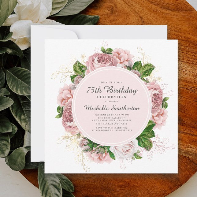 Invitation Élégant Vintage rose rose pâle 75e anniversaire (Pink vintage floral 75th birthday invitation)
