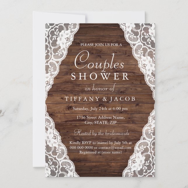Invitation Elégant Vintage Rustique dentelle Couples Douche (Devant)