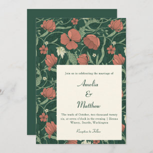 Invitation Élégant Vintage Rustique Vert Rouge Floral Mariage