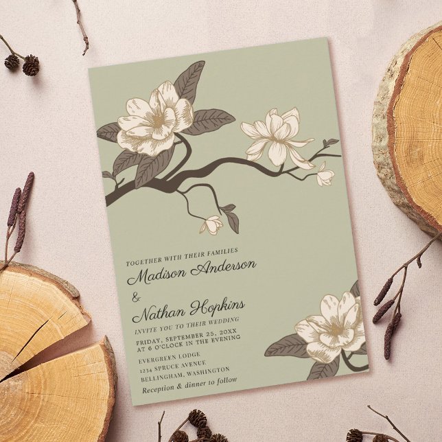 Invitation Élégant Vintage Sage Green Magnolia Mariage (Créateur téléchargé)