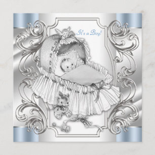 Invitation Elégant Vintage Silver et Blue Baby Boy Douche