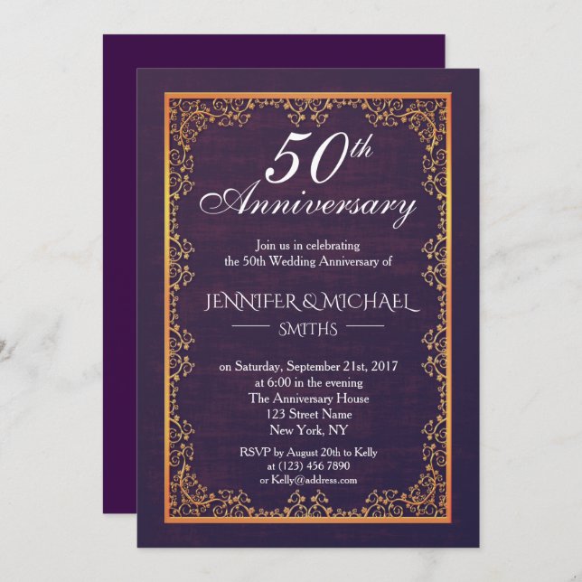 Invitation Élégant Vintage violet Mariage Anniversaire Invita (Devant / Derrière)