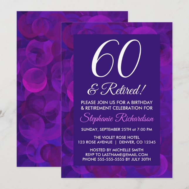 Invitation Elegant Violet 60 et Fête de Retraite Retraitée (Devant / Derrière)