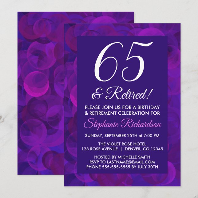 Invitation Elegant Violet 65 et Fête de Retraite Retraité (Devant / Derrière)