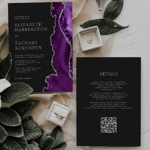 Invitation Élégant violet Agate argent foncé QR Code Mariage