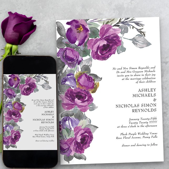 Invitation Elégant violet aquarelle Fleurs Mariage officiel (Purple floral formal wedding invitation from my Plush Purple Wedding Collection)