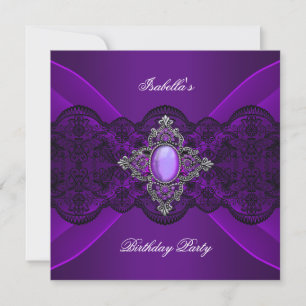 Invitation Élégant Violet Bijou Dentelle Argent Fête d'annive