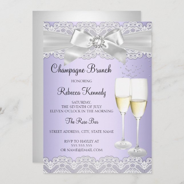 Invitation Élégant violet blanc dentelle Champagne Brunch Inv (Devant / Derrière)