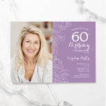 Invitation Elégant violet blanc floral photo 60e anniversaire<br><div class="desc">Lave violet clair blanc fleuri 60e anniversaire invitation à la fête avec votre photo sur le devant de la carte. Design moderne minimaliste avec accents de dessin botanique, fausse feuille d'or et police de script de typographie. Carte invitation simple et tendance, parfaite pour une célébration anniversaire élégante. Peut être customisé...</div>