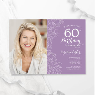Invitation Elégant violet blanc floral photo 60e anniversaire