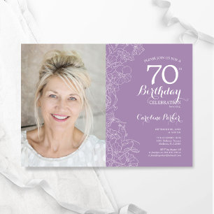 Invitation Elégant violet blanc floral photo 70e anniversaire