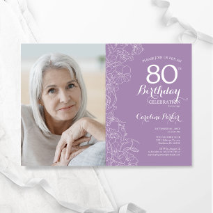 Invitation Elégant violet blanc floral photo 80e anniversaire