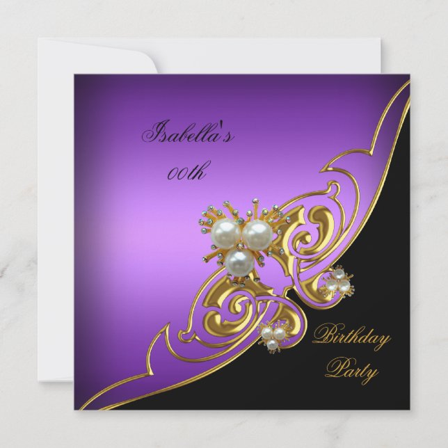 Invitation Elégant Violet Blanc Noir Or Perle Anniversaire (Devant)