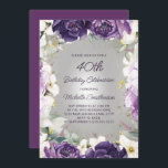 Invitation Elégant violet blanc Parties scintillant florale 4<br><div class="desc">Elégante invitation à la fête du 40e anniversaire pour les femmes avec de jolies fleurs blanches et violettes peintes à la main et des feuilles verts sauge accentués de parties scintillant or. Personnalisé avec un nom et toutes les informations de votre parti. Contactez-moi pour obtenir de l'aide sur vos personnalisations...</div>