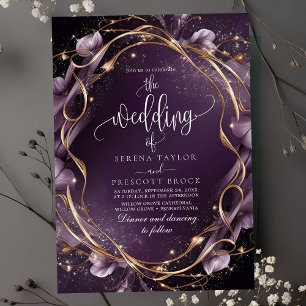 Invitation Élégant violet doré Mariage de cadre Floral