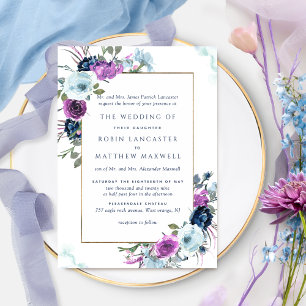 Invitation Élégant violet et bleu Floral Mariage officiel