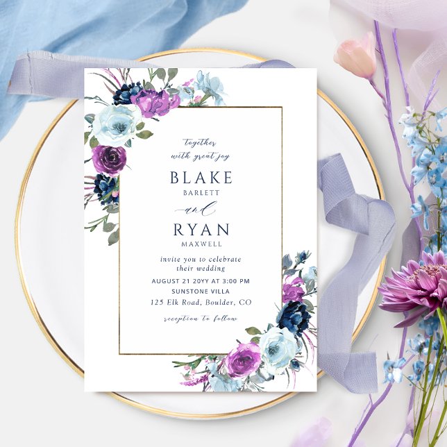 Invitation Elégant violet et bleu Mariage de cadre Floral Inv (Créateur téléchargé)