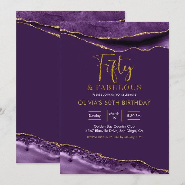 Invitation Elégant violet et or cinquante et fabuleux (Devant / Derrière)