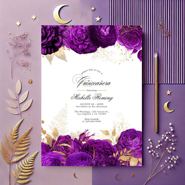 Invitation Elégant violet et or Floral Quinceañera (Elegant Purple and Gold Floral Quinceañera Invitation)