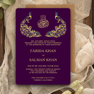 Invitation Élégant violet et or Peacock Mariage islamique