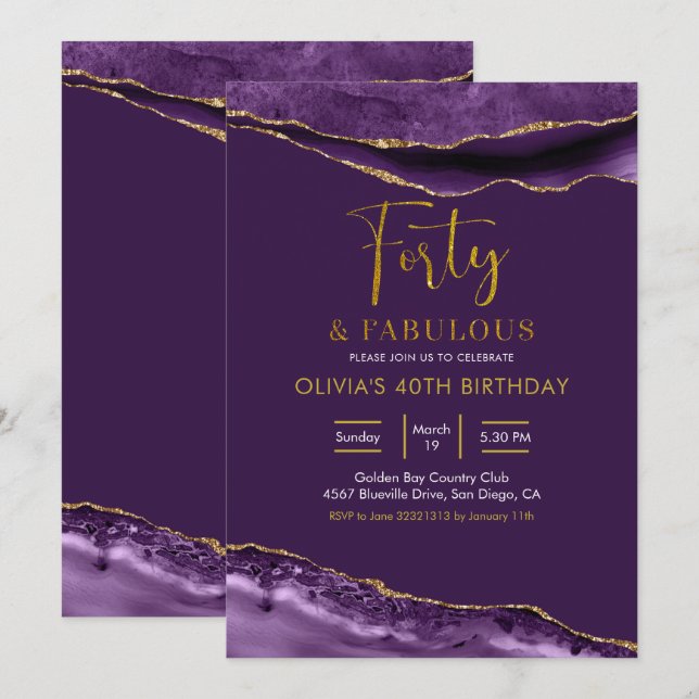 Invitation Elégant violet et or quarante et fabuleux (Devant / Derrière)