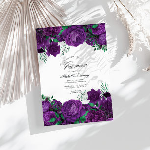 Invitation Elégant violet et vert Floral Quinceañera Photo
