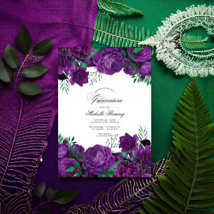 Invitation Elégant violet et vert Floral Quinceañera Photo