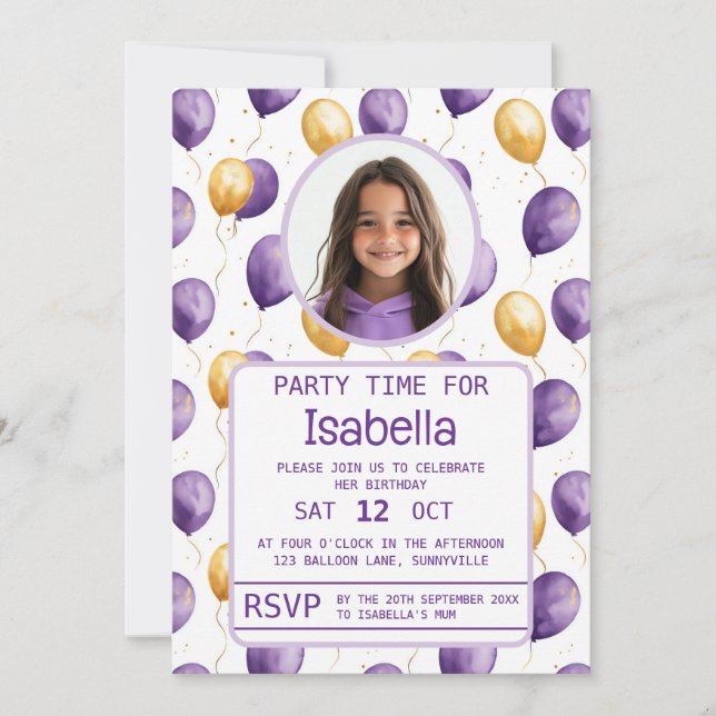 Invitation Elégant violet Faux Gold Balloons Anniversaire (Devant)