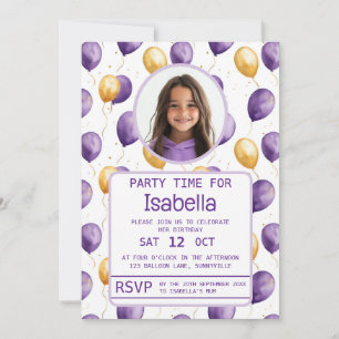 Invitation Elégant violet Faux Gold Balloons Anniversaire