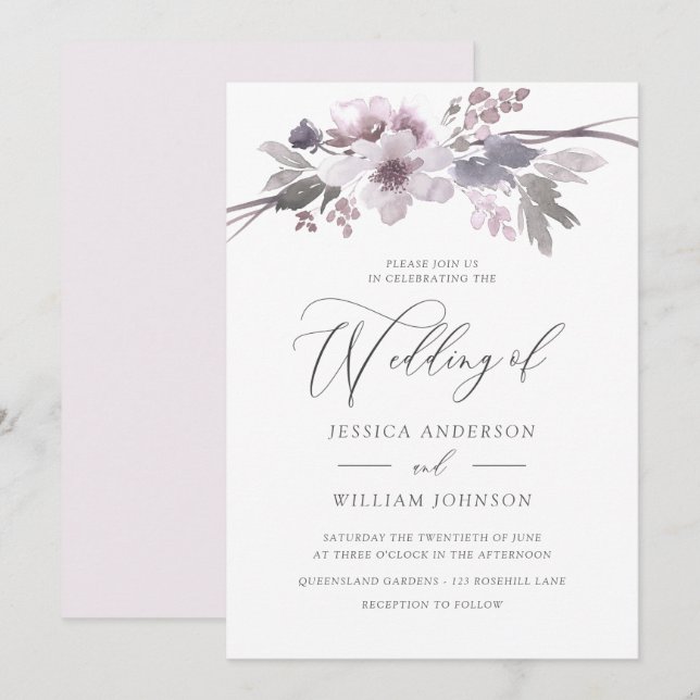 Invitation Élégant violet Fleurs Mariage gris hiver (Devant / Derrière)