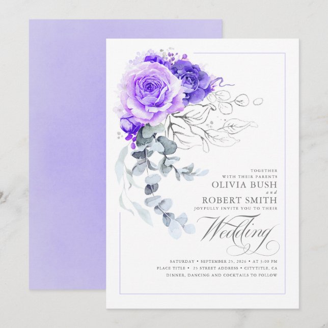 Invitation Élégant violet Floral Argent vert Boho Mariage (Devant / Derrière)