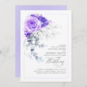 Invitation Élégant violet Floral Argent vert Boho Mariage