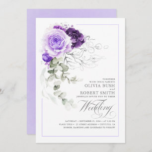 Invitation Élégant violet Floral Argent vert Boho Mariage